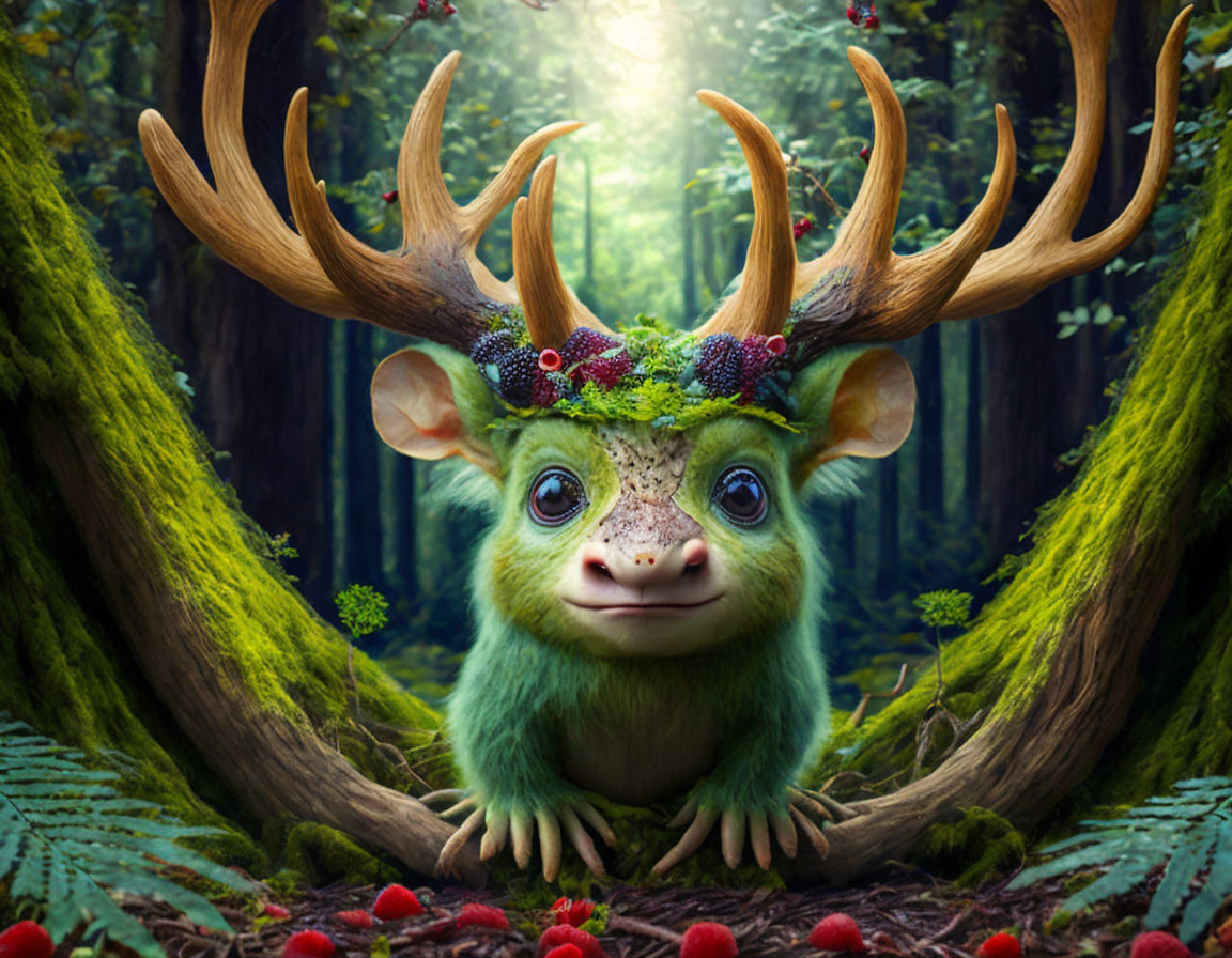 Fantastical creature with deer antlers and green fur in enchanted forest.