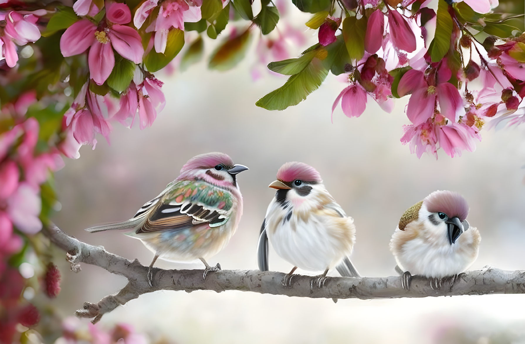 Colorful Stylized Birds Perched on Branch with Pink Blossoms