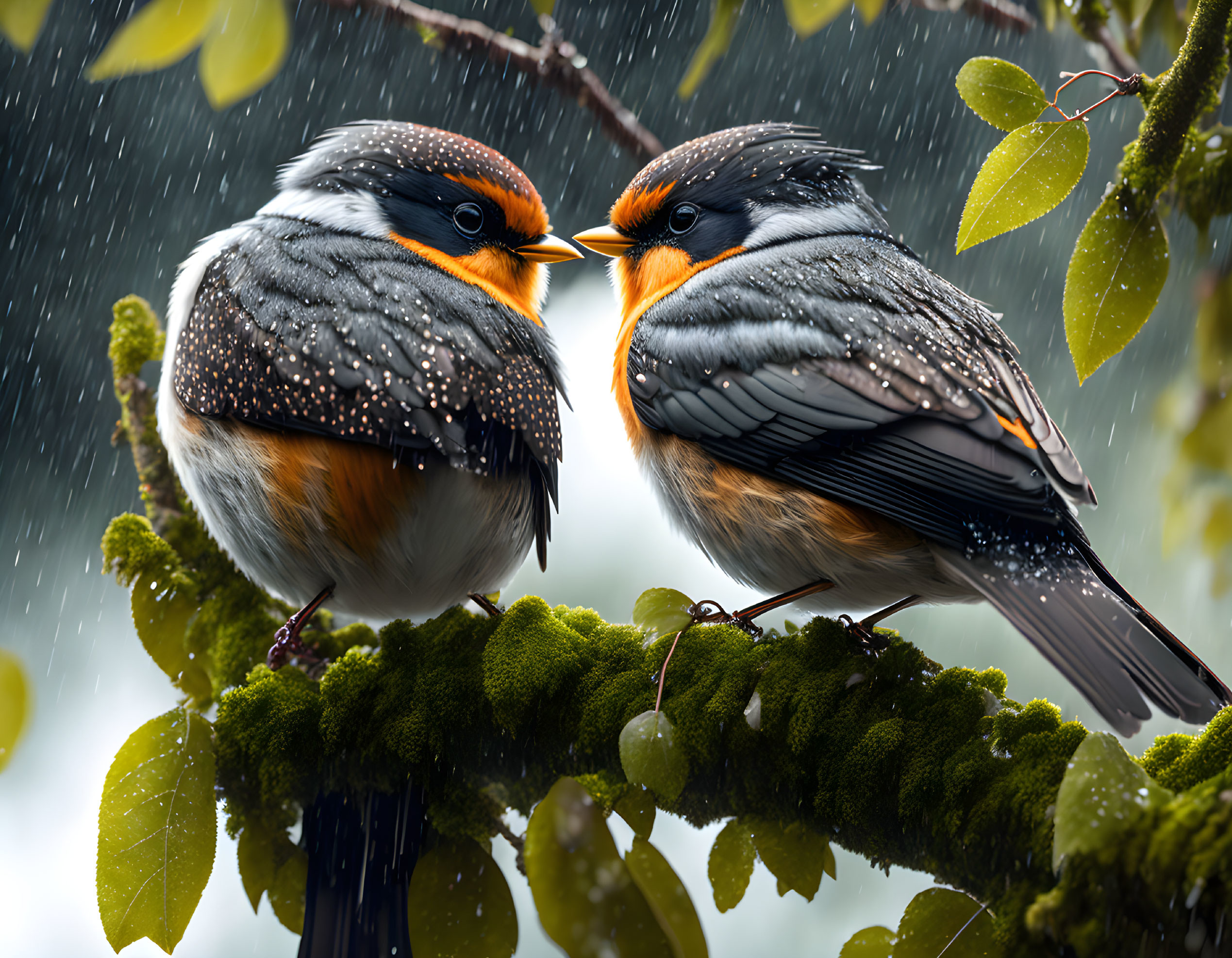 Orange, black, and white birds on mossy branch with raindrops