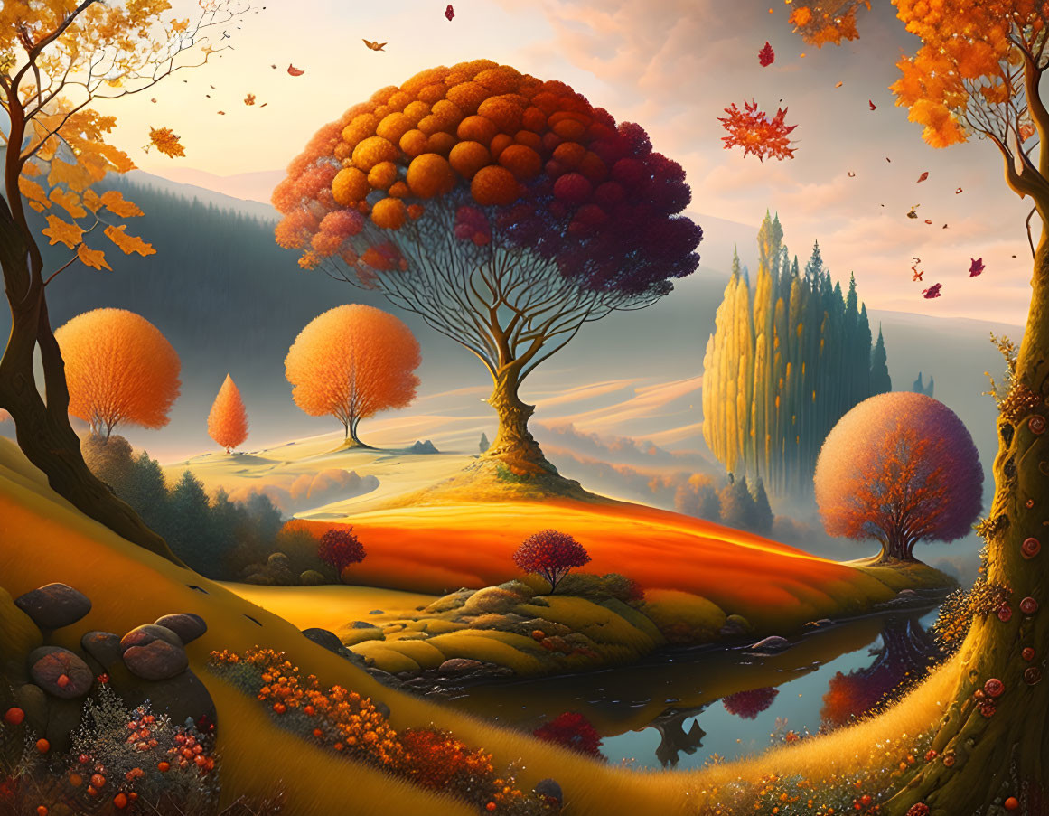 Colorful Autumn Landscape with Whimsical Trees and Serene River