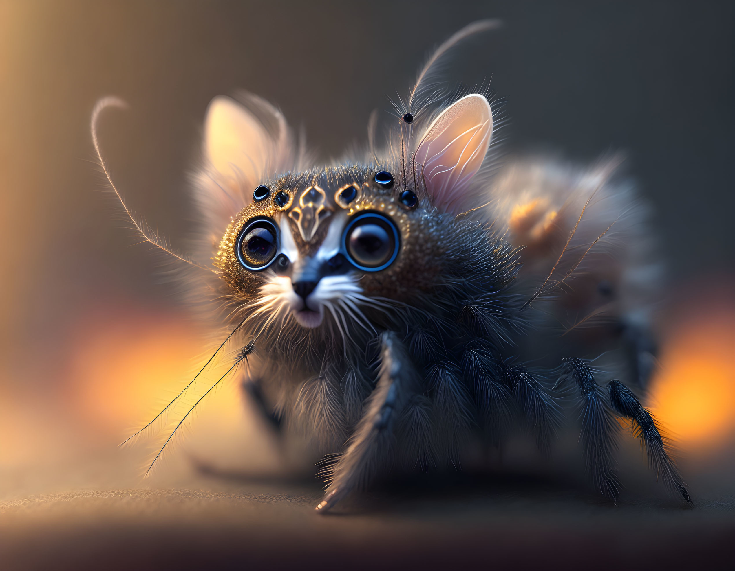 Whimsical creature with feline features and expressive eyes on warm background