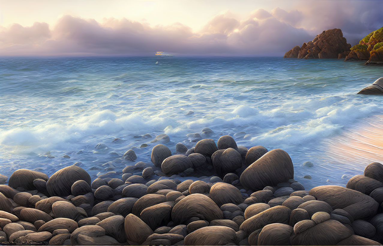 Tranquil seascape with boulders, waves, sandy shore, cliffs, and boat under