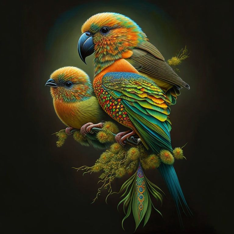 Colorful Parrots with Detailed Feathers Perched on Branch