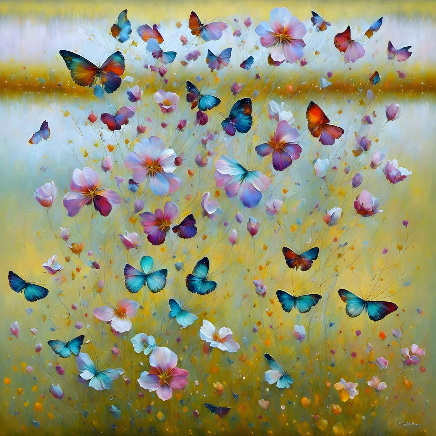 Colorful Flowers Field with Fluttering Butterflies