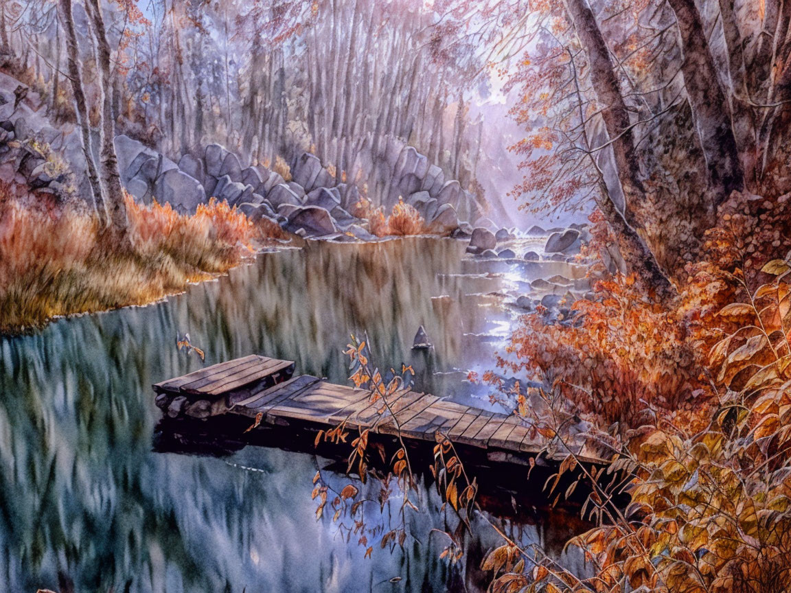 Tranquil autumn river scene with wooden pier and misty ambiance