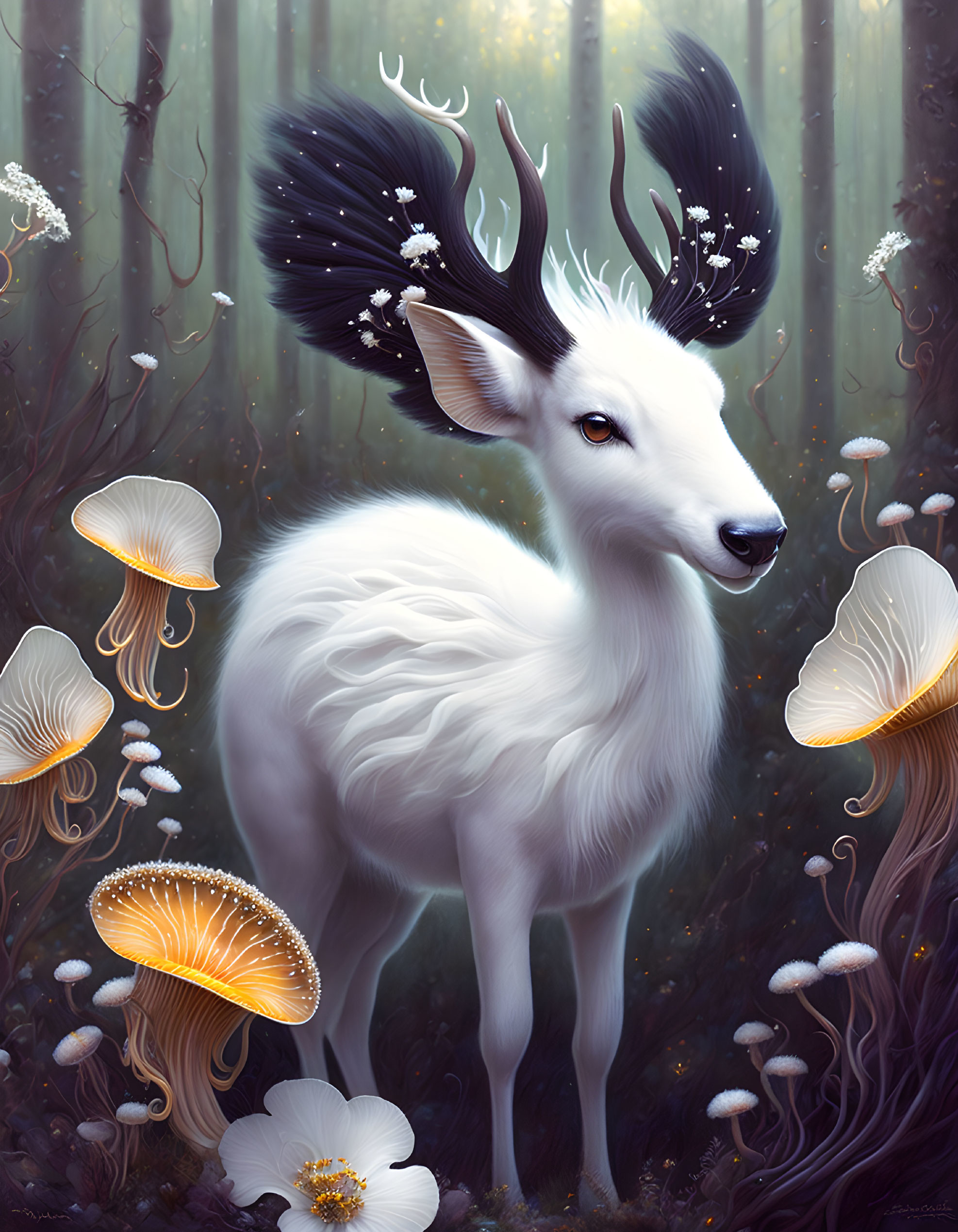 Mystical white deer with branch-like antlers in magical forest