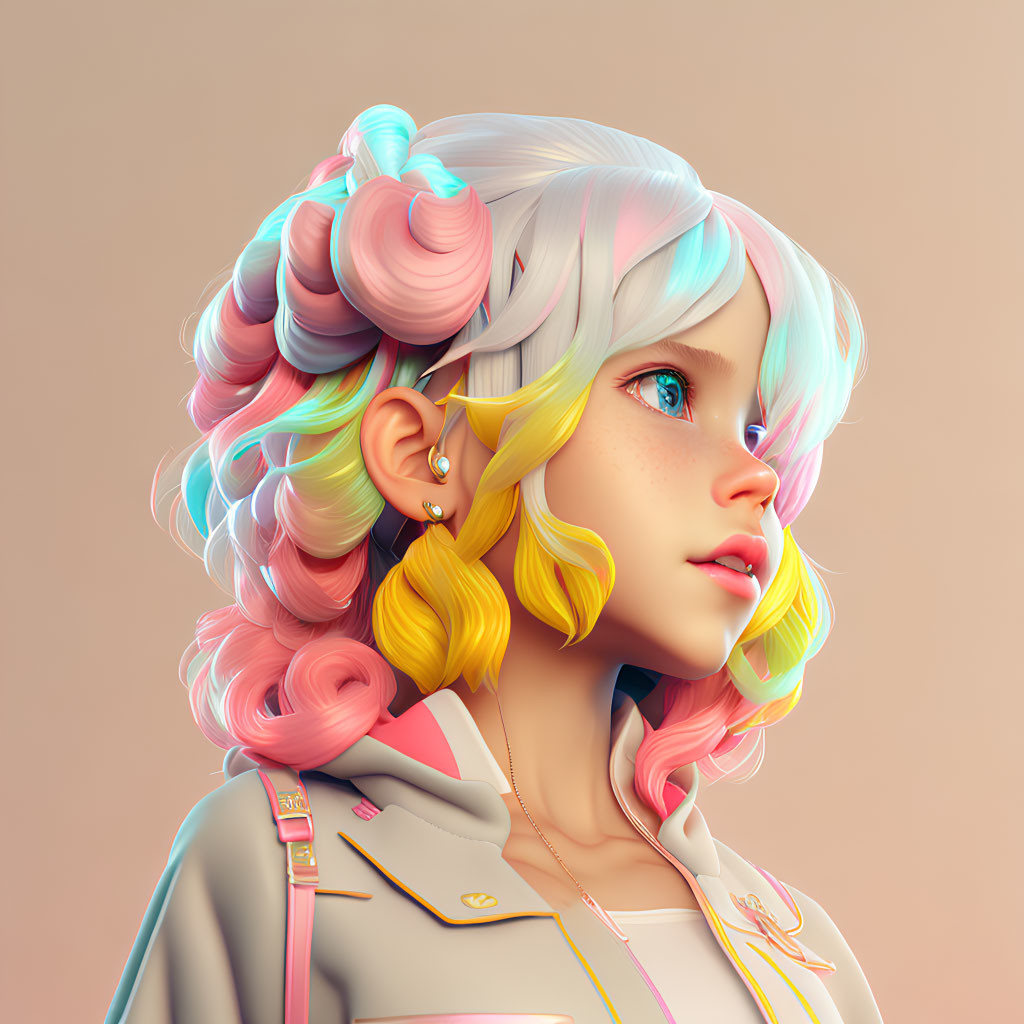 Colorful digital portrait of young girl with pastel hair and pink jacket