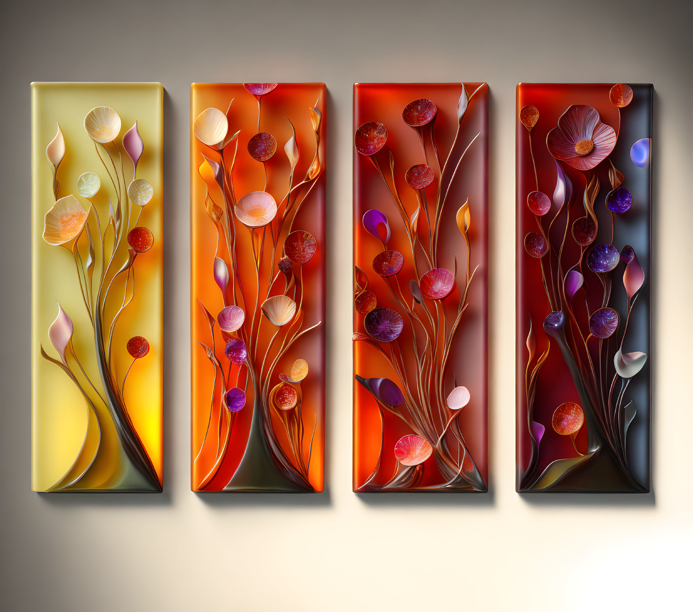 Colorful 3D flower and leaf panels on shaded background