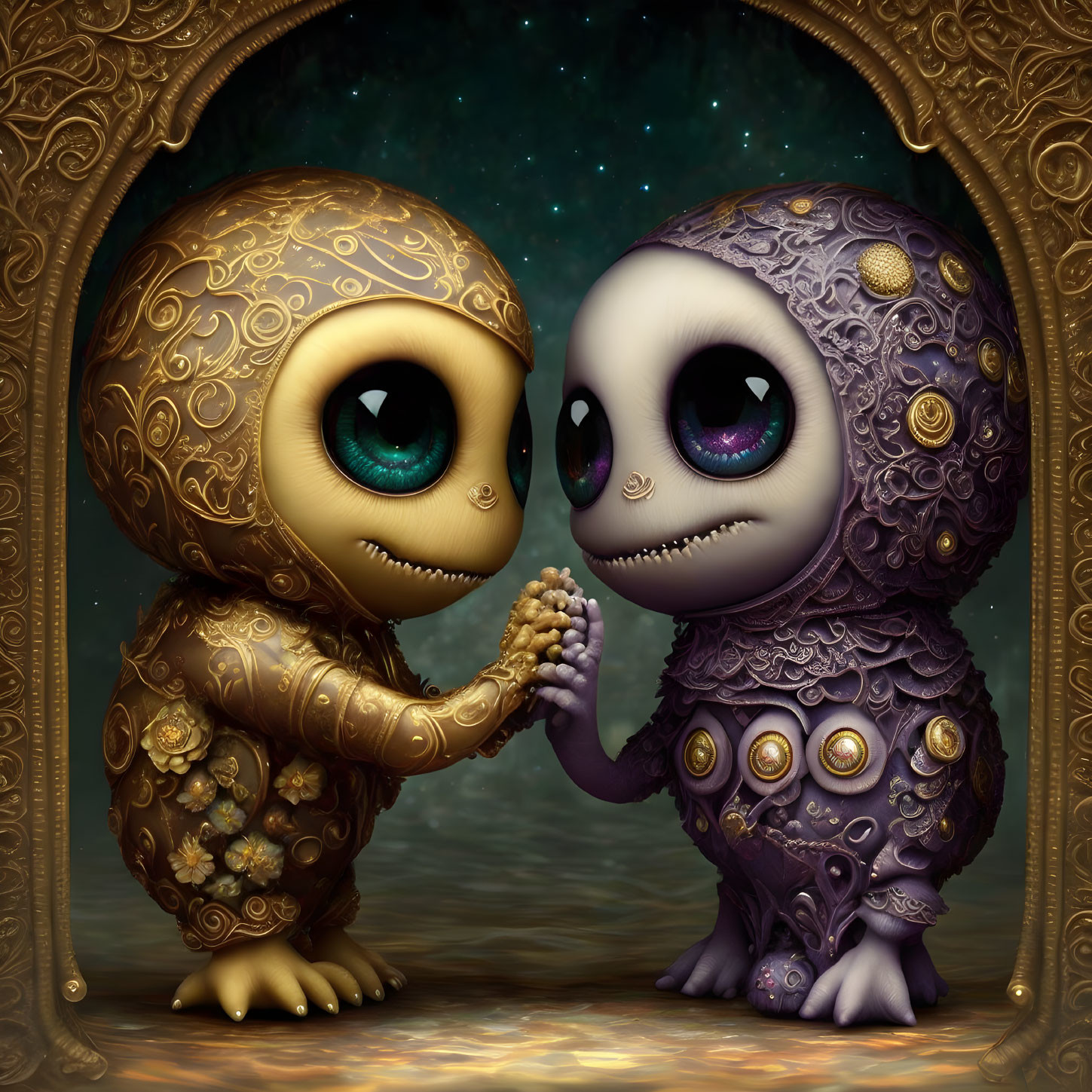 Ornate whimsical creatures holding hands in golden oval frame