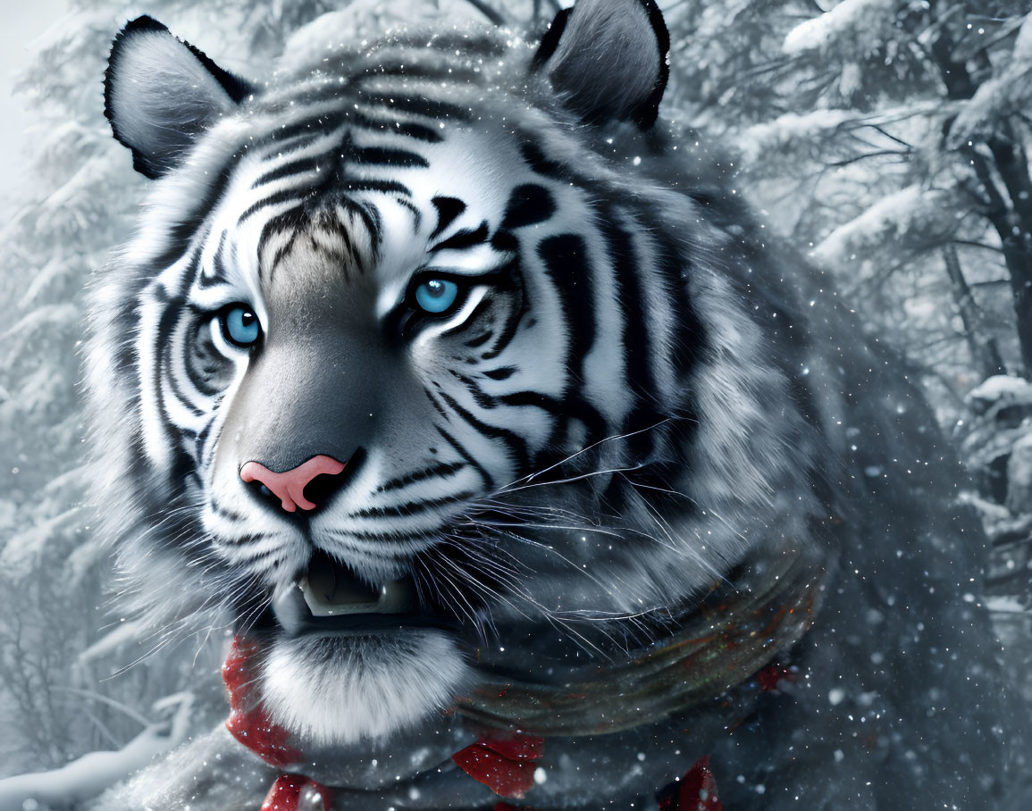 Detailed White Tiger Illustration with Blue Eyes and Red Scarf in Snowy Scene