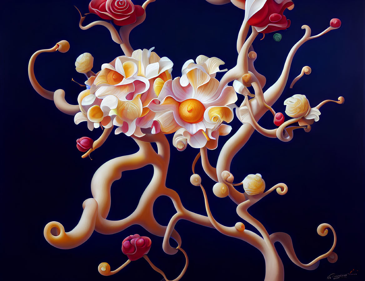 Surreal tree illustration with twisting branches and vibrant flowers on dark background