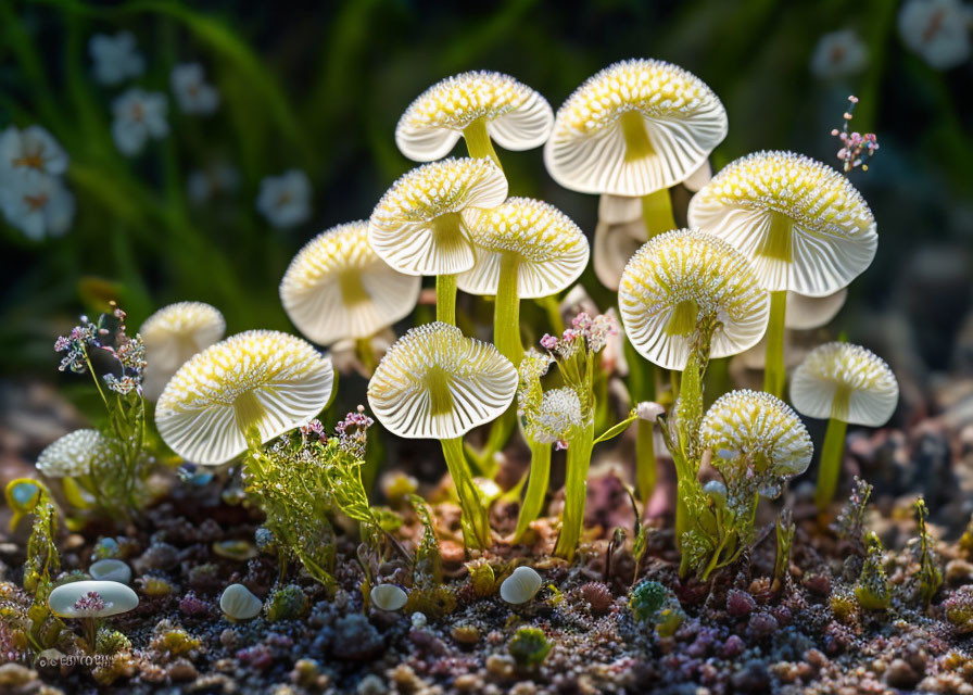 Delicate white mushrooms in forest setting with green plants