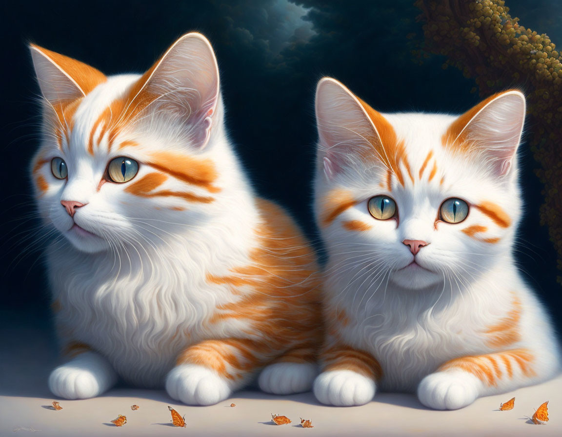 Two Orange and White Striped Kittens Among Falling Leaves on Dark Background