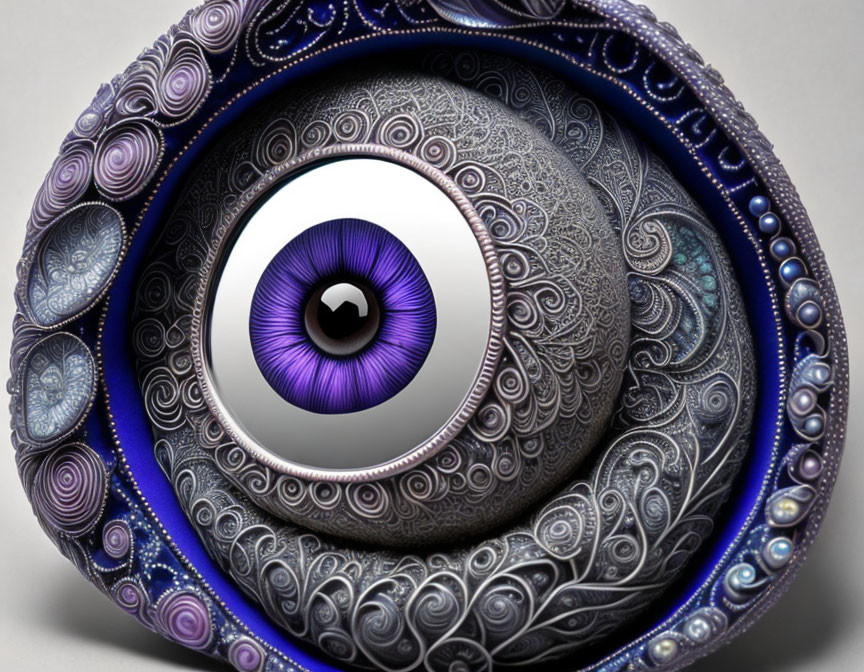 Stylized eye surrounded by metallic and purple swirling patterns