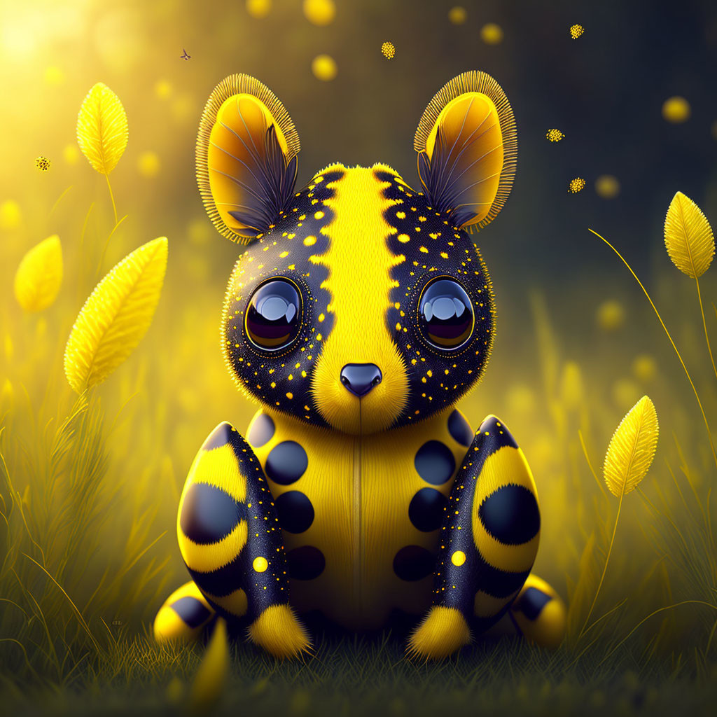 Stylized bunny creature in black and yellow among glowing plants