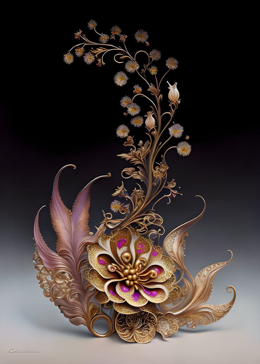 Ornate floral patterns with feathers in whimsical design