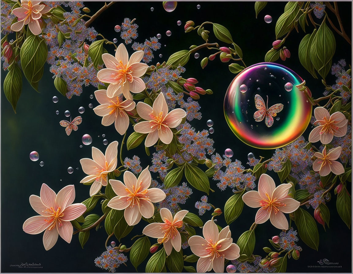 Peach-colored flowers, butterflies, bubbles, and orb on dark background