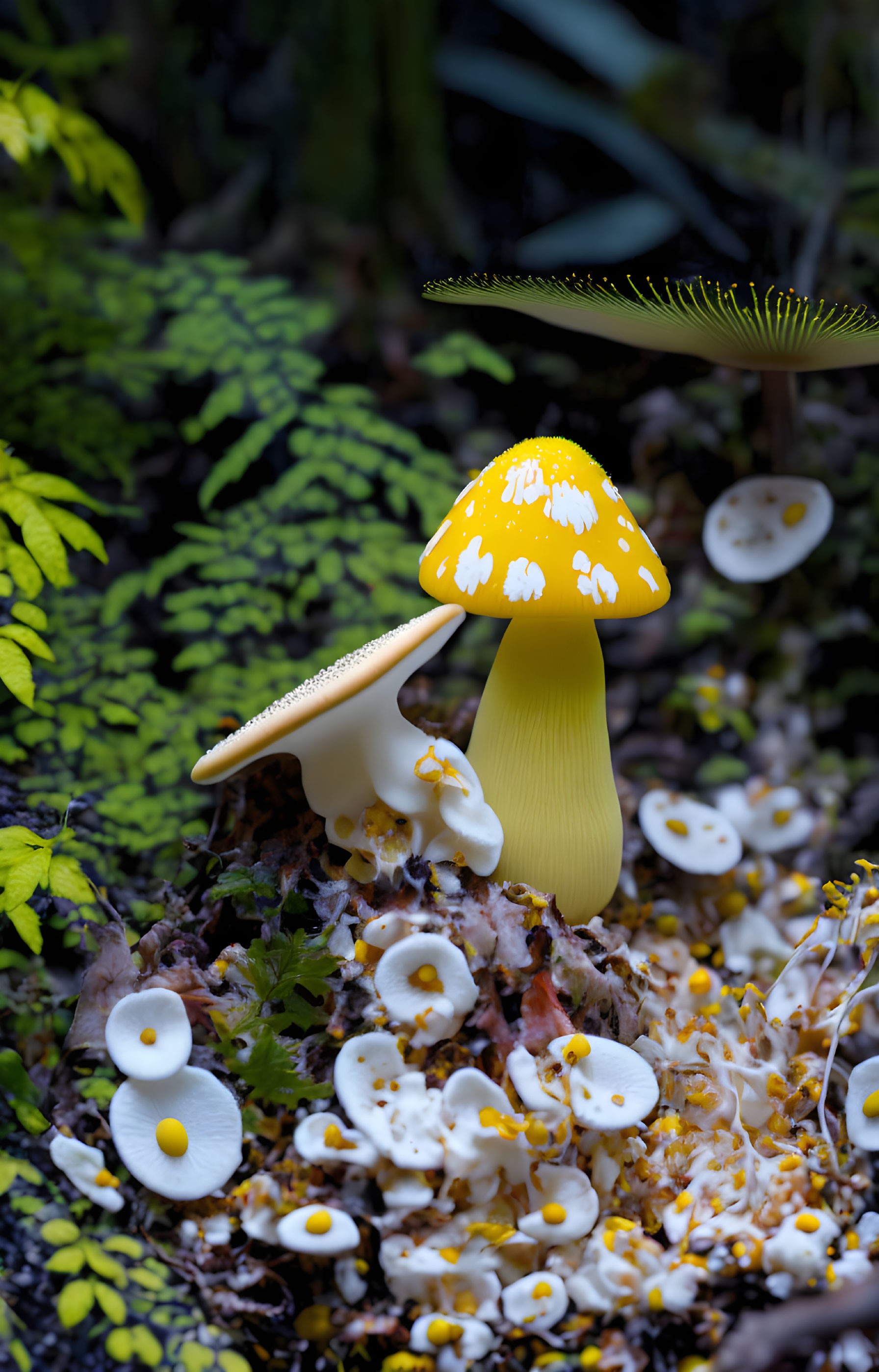 Yellow Mushroom with White Spots Surrounded by Flowers and Fern Leaves