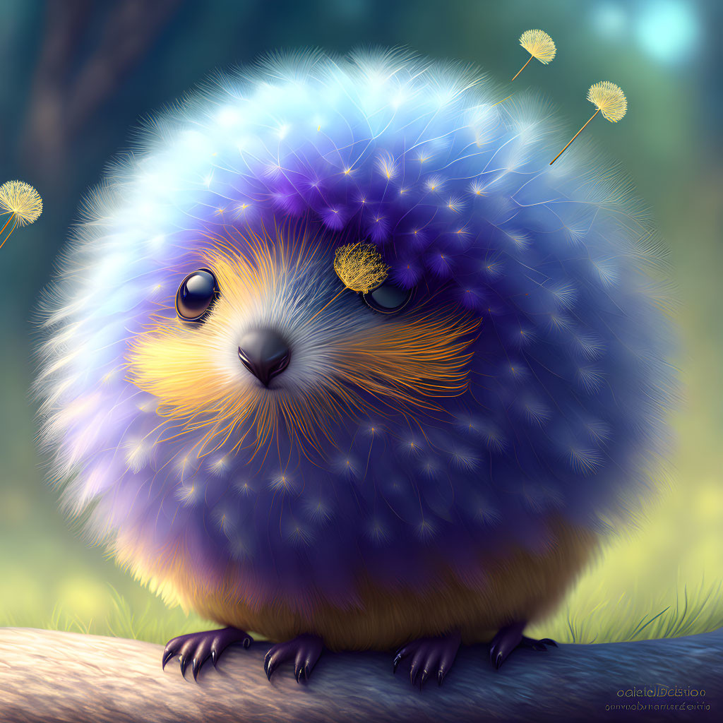 Fluffy round creature with purple-orange fur on log with dandelions