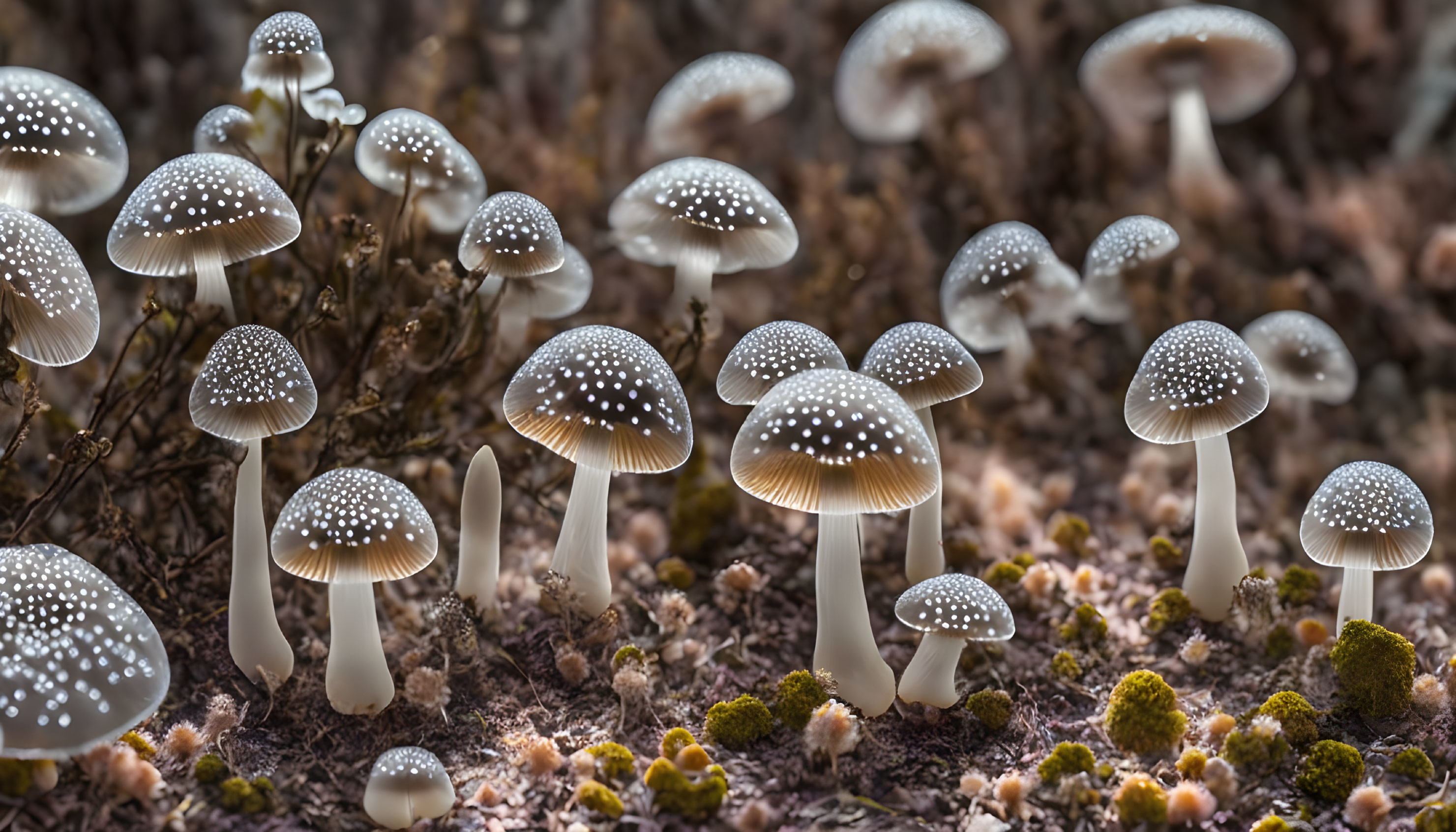 Small White Mushrooms with Dotted Caps in Forest Moss