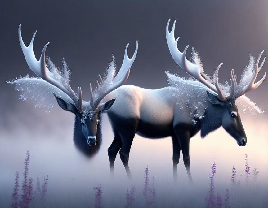 Mystical white reindeer with ornate antlers in twilight landscape.