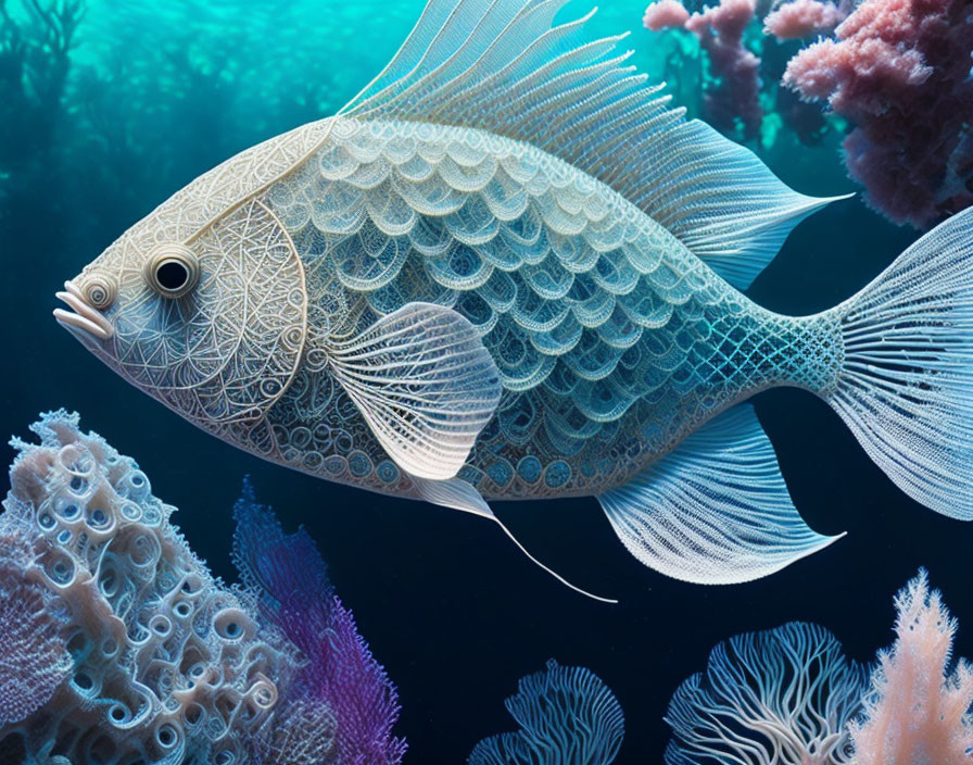 Intricate lace-like fish swimming near coral reefs