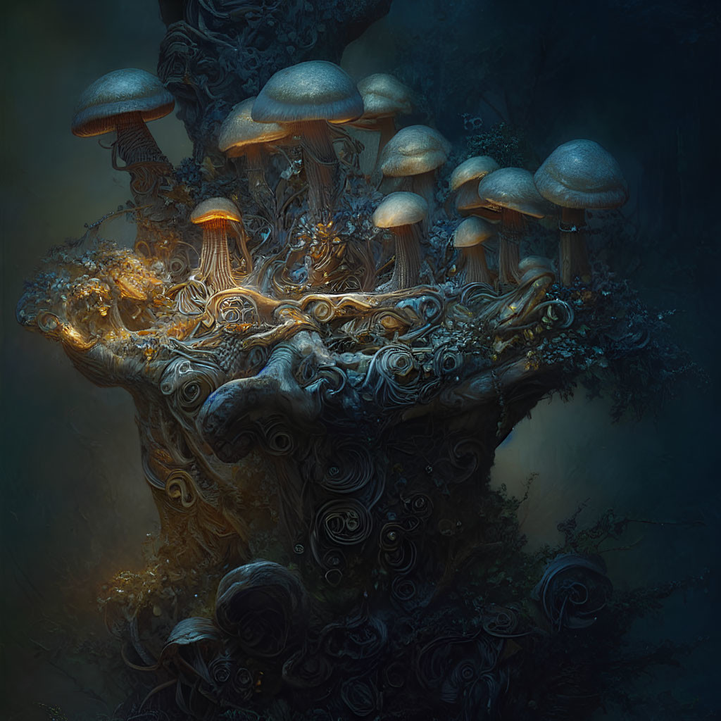 Luminous jellyfish-like mushrooms on ornate tree structure in moody blue setting