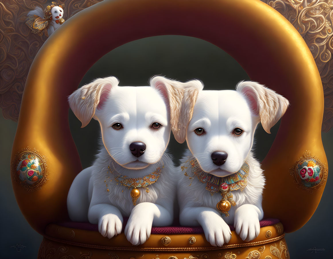 Regal White Puppies in Gold Collars and Luxurious Frame