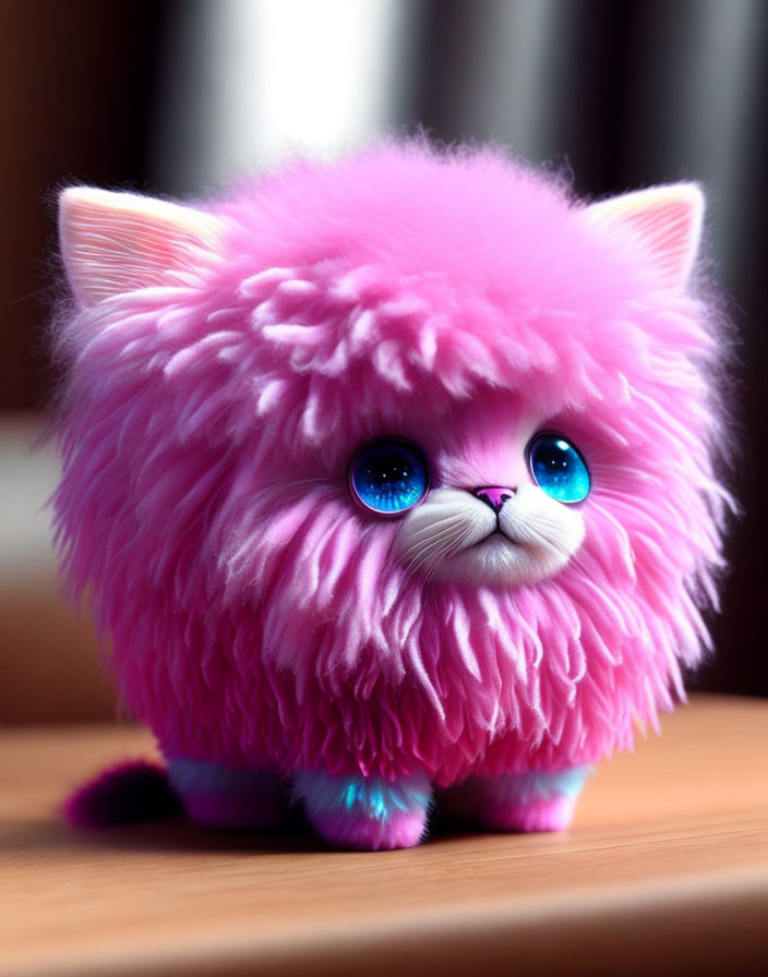 Pink fluffy creature with blue eyes and white-tipped ears on wooden surface