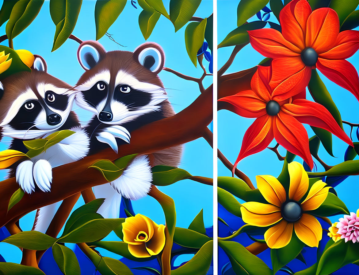 Stylized cartoon raccoons on a tree branch with colorful flowers