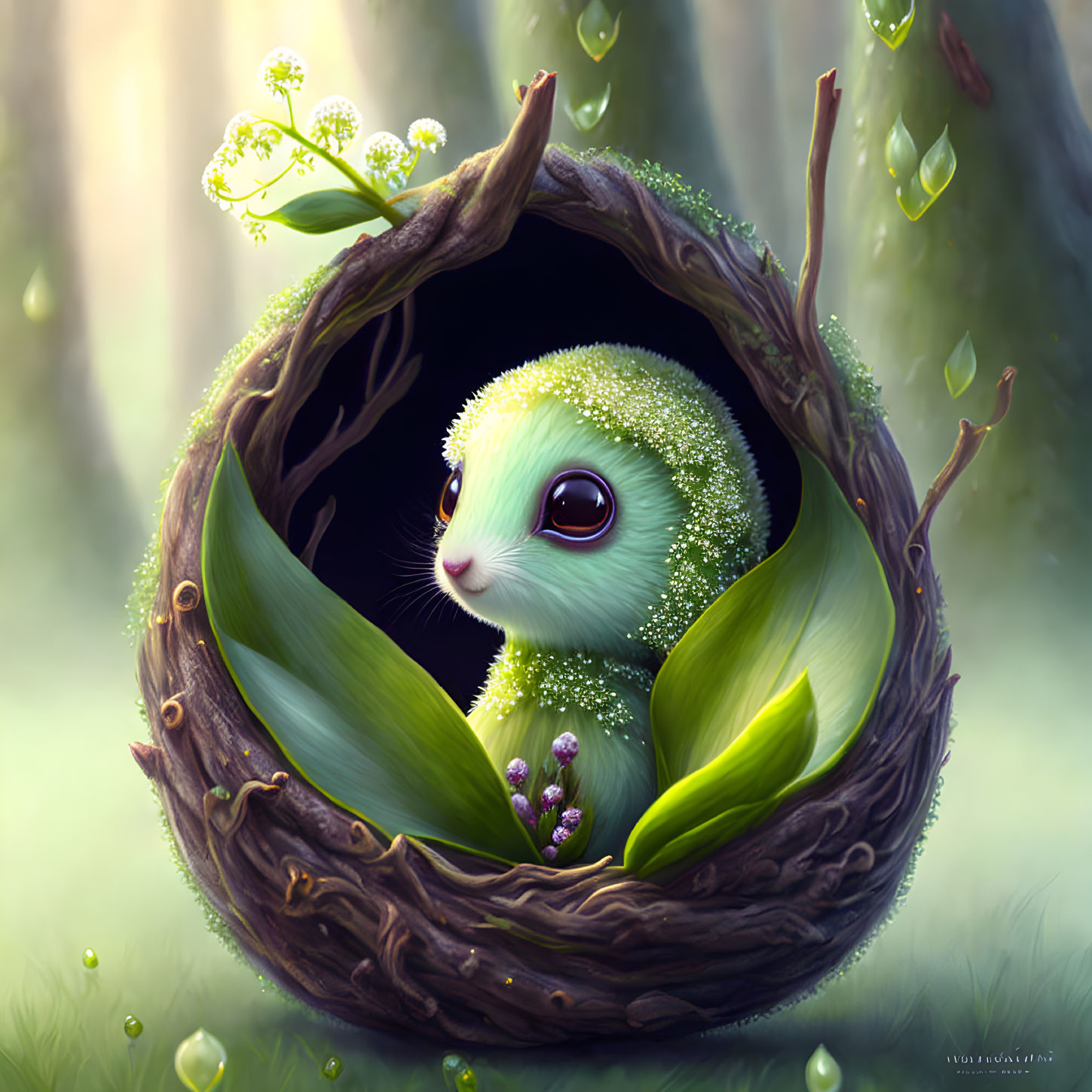 Green Sparkling Creature in Tree Hollow of Enchanted Forest