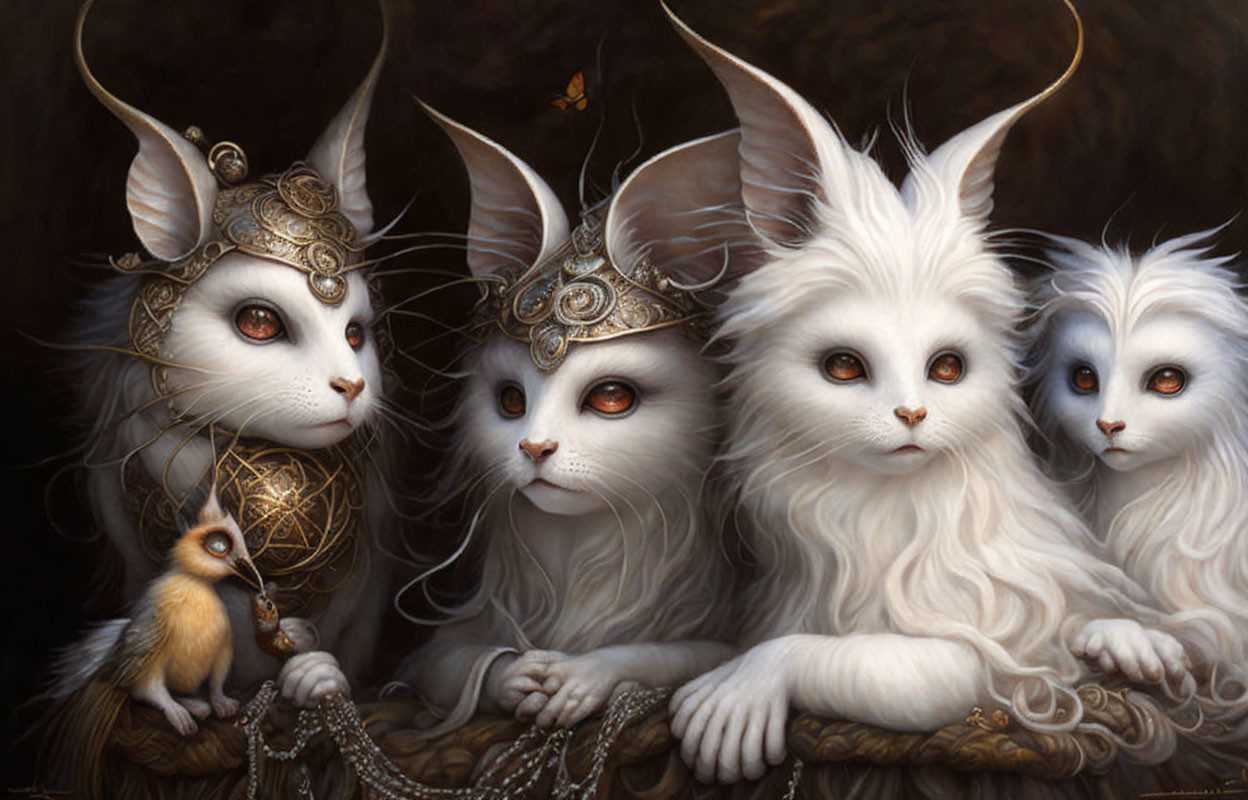 Regal anthropomorphic rabbits with golden adornments and a wide-eyed companion.