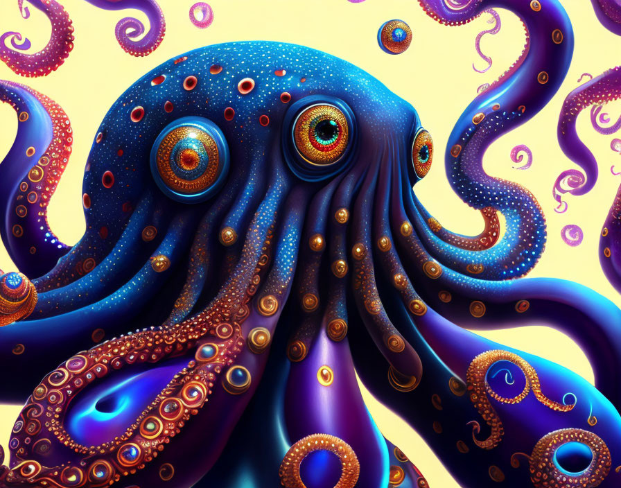 Colorful digital artwork: Blue octopus with swirling tentacles on golden backdrop