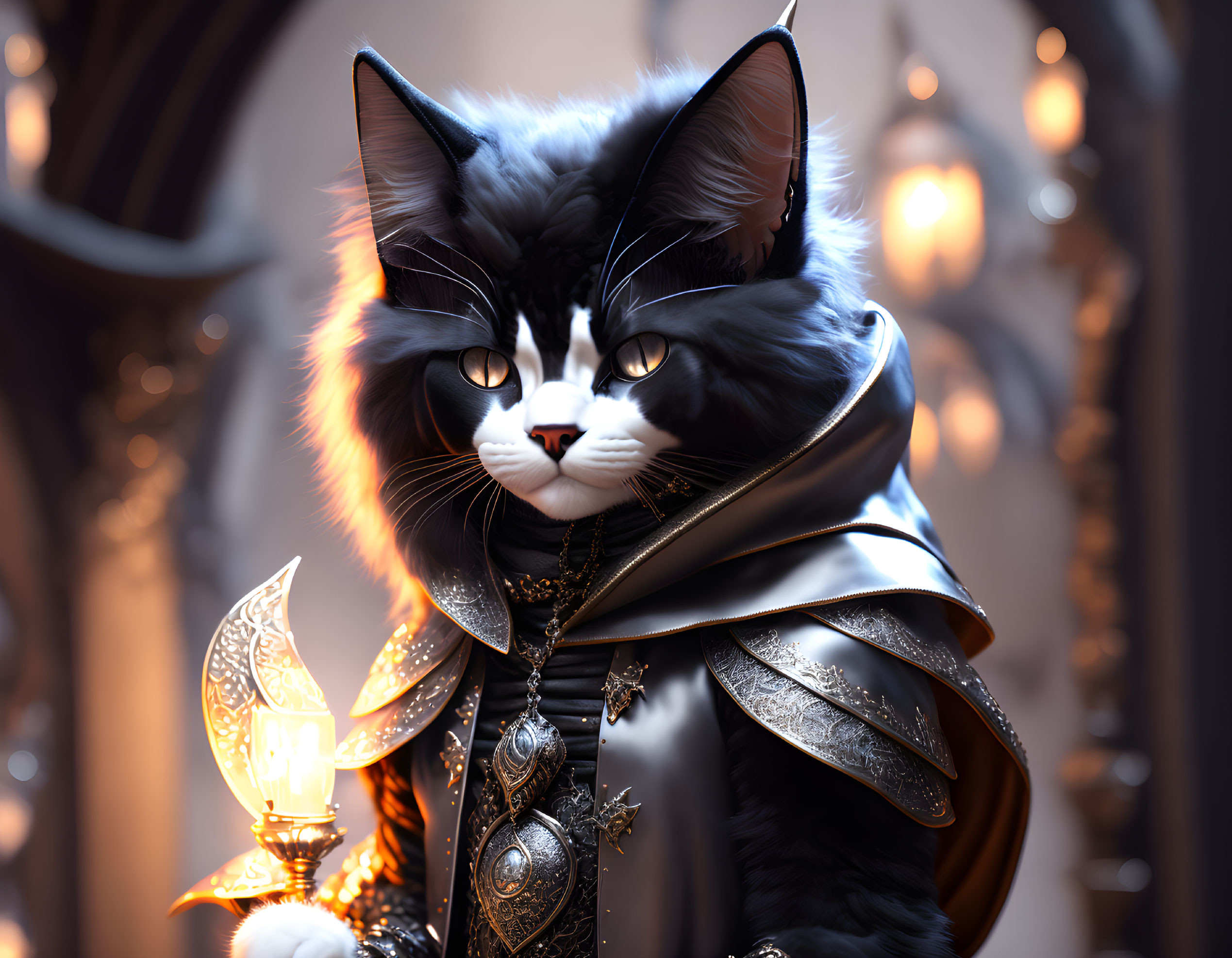 Black and White Cat in Fantasy Armor with Lantern and Glowing Eyes