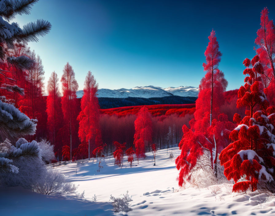 Snowy Landscape with Vivid Red Trees and Blue Sky