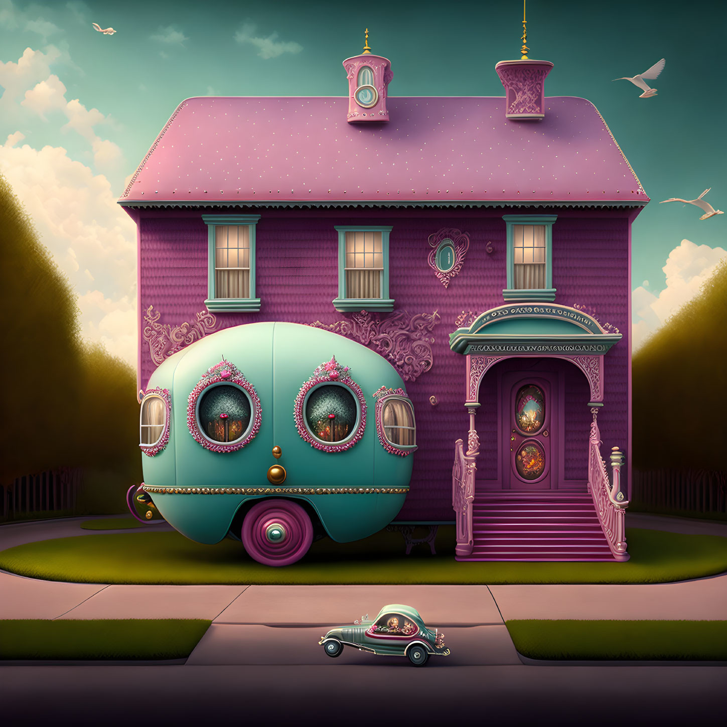 Whimsical Pink House Illustration with Caravan and Tiny Car