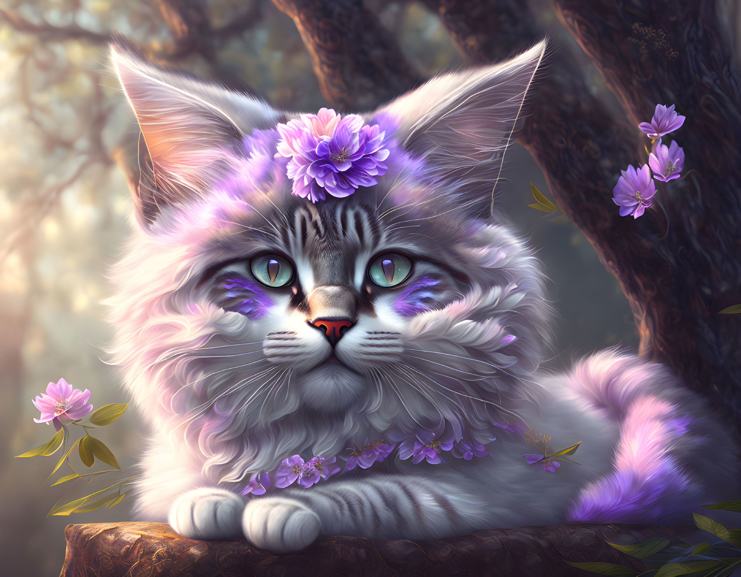 Fluffy cat with green eyes and purple flowers on branch in woodland.