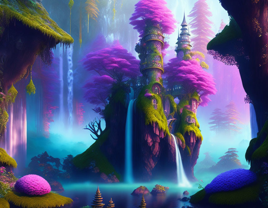 Fantasy landscape with pink foliage, waterfalls, and nature-inspired structures