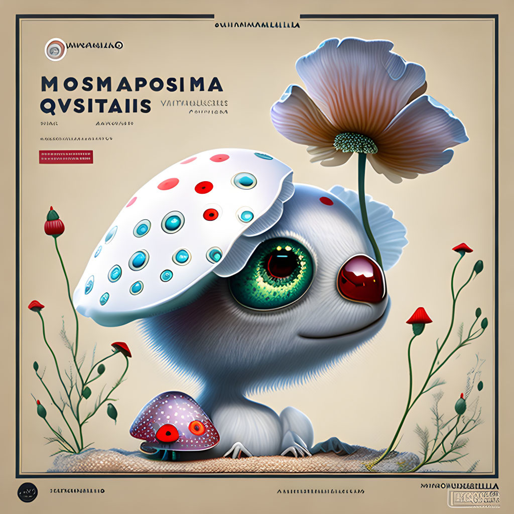 Fantastical creature with eye-covered mushroom cap in whimsical flora setting