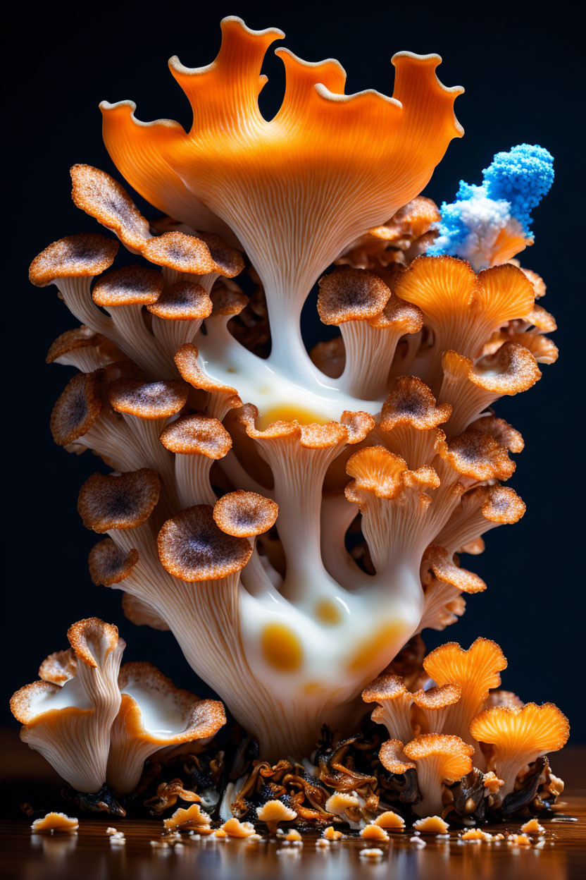 Colorful Orange and White Coral-Like Fungi on Dark Background