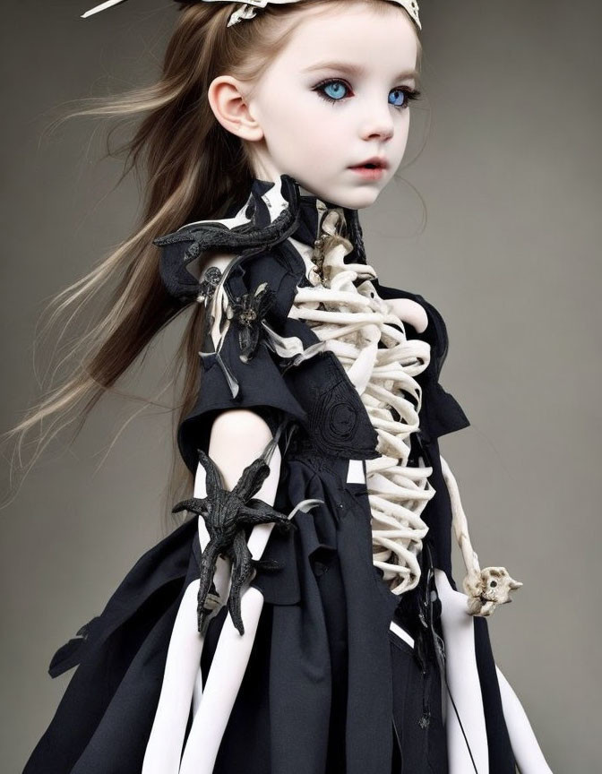 Blue-eyed brunette doll in gothic black and white dress with skeletal details