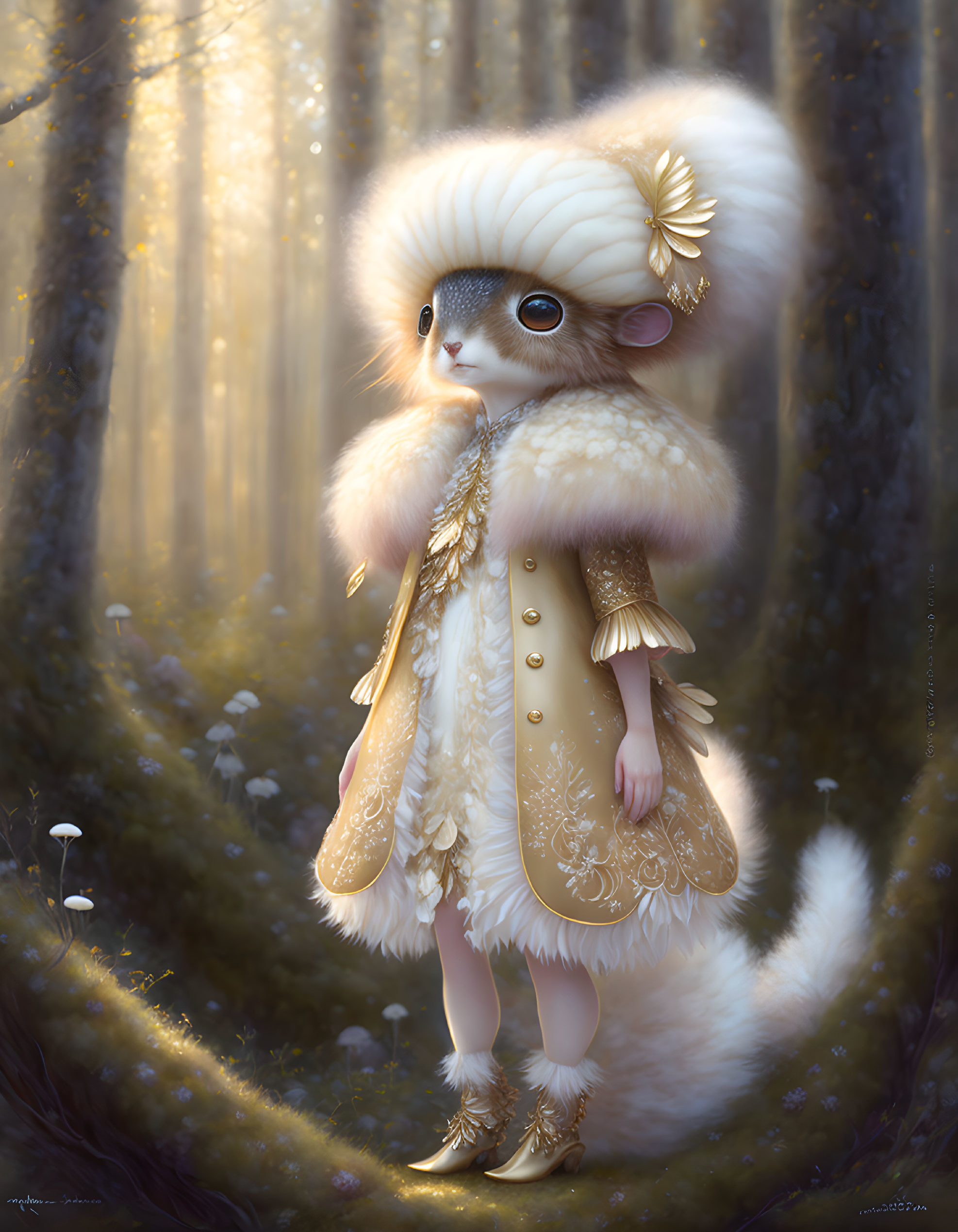 Fluffy white-tailed anthropomorphic creature in cream and gold outfit in sunlit forest