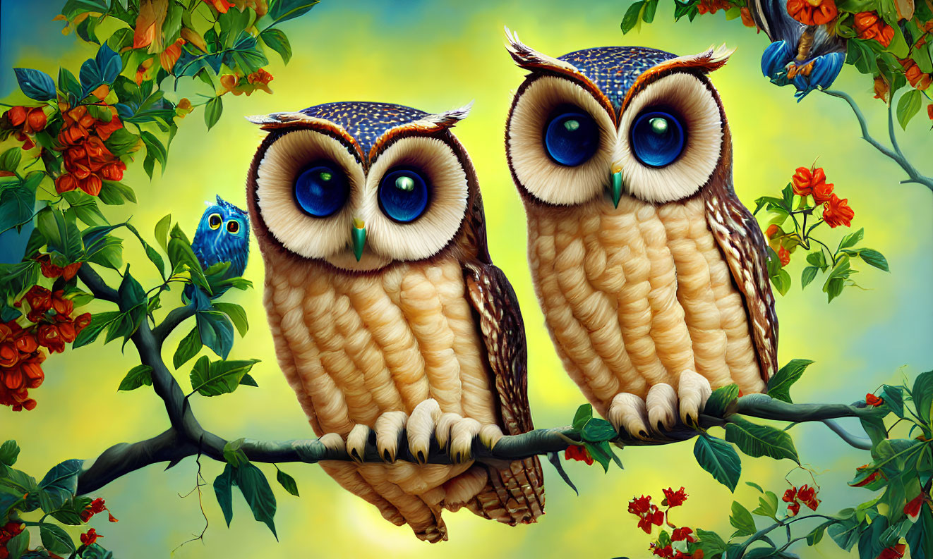 Stylized cartoon owls on tree branch with blue bird and red flowers