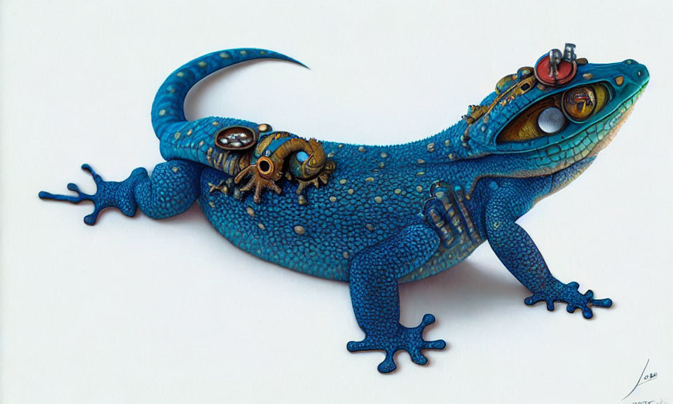 Mechanized blue gecko with steampunk goggles and gears on white background