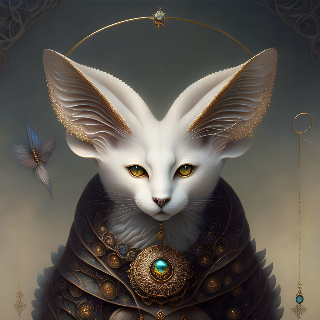 Majestic white cat with gold adornments and halo