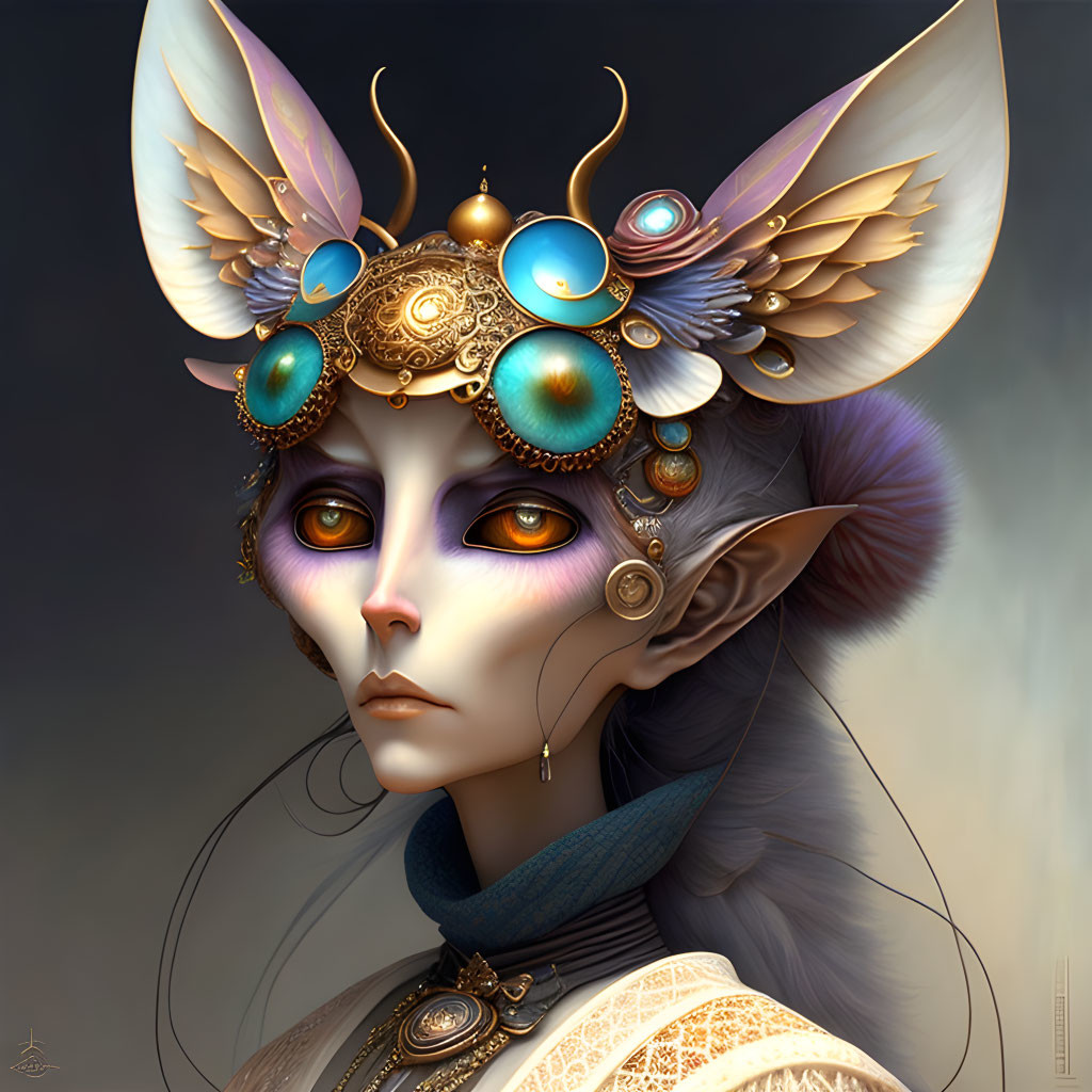 Fantastical elfin character with ornate headgear and captivating eyes