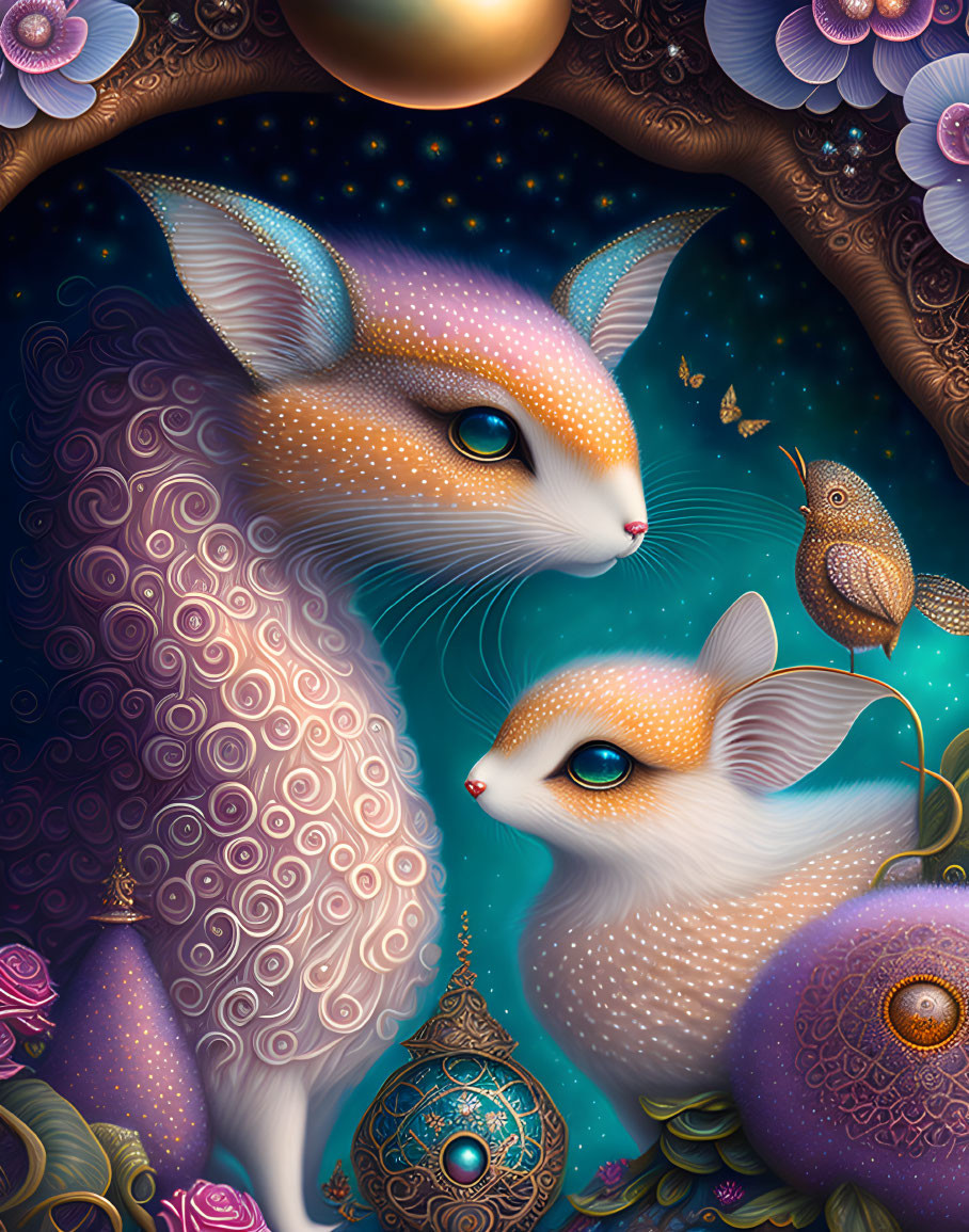 Stylized fantasy rabbits with intricate fur patterns among glowing flowers and a bird on starry backdrop