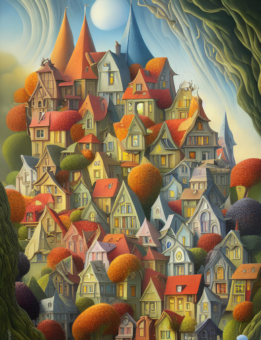 Whimsical village with colorful, topsy-turvy houses in surreal setting