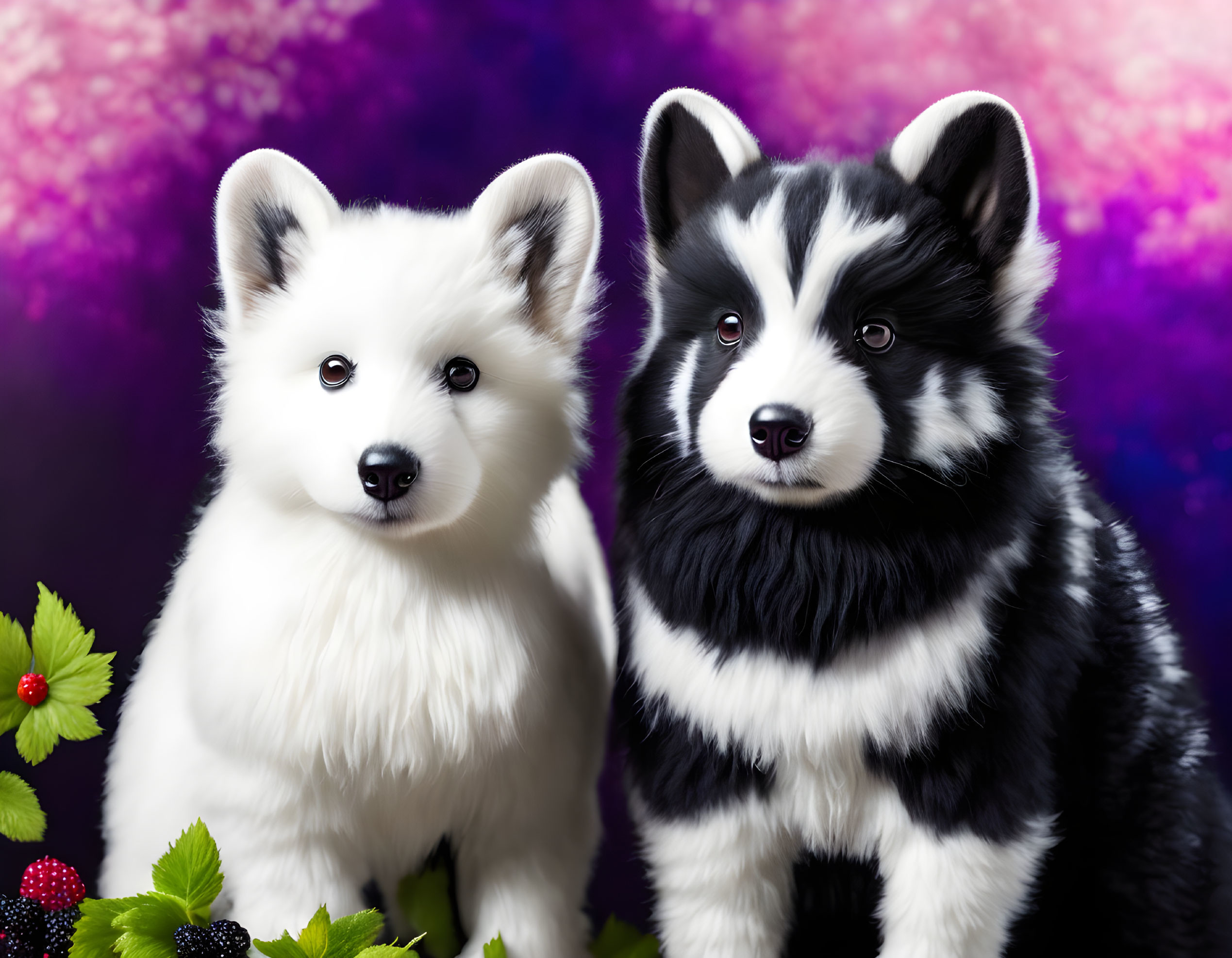 Fluffy white and black puppies in nature with purple background