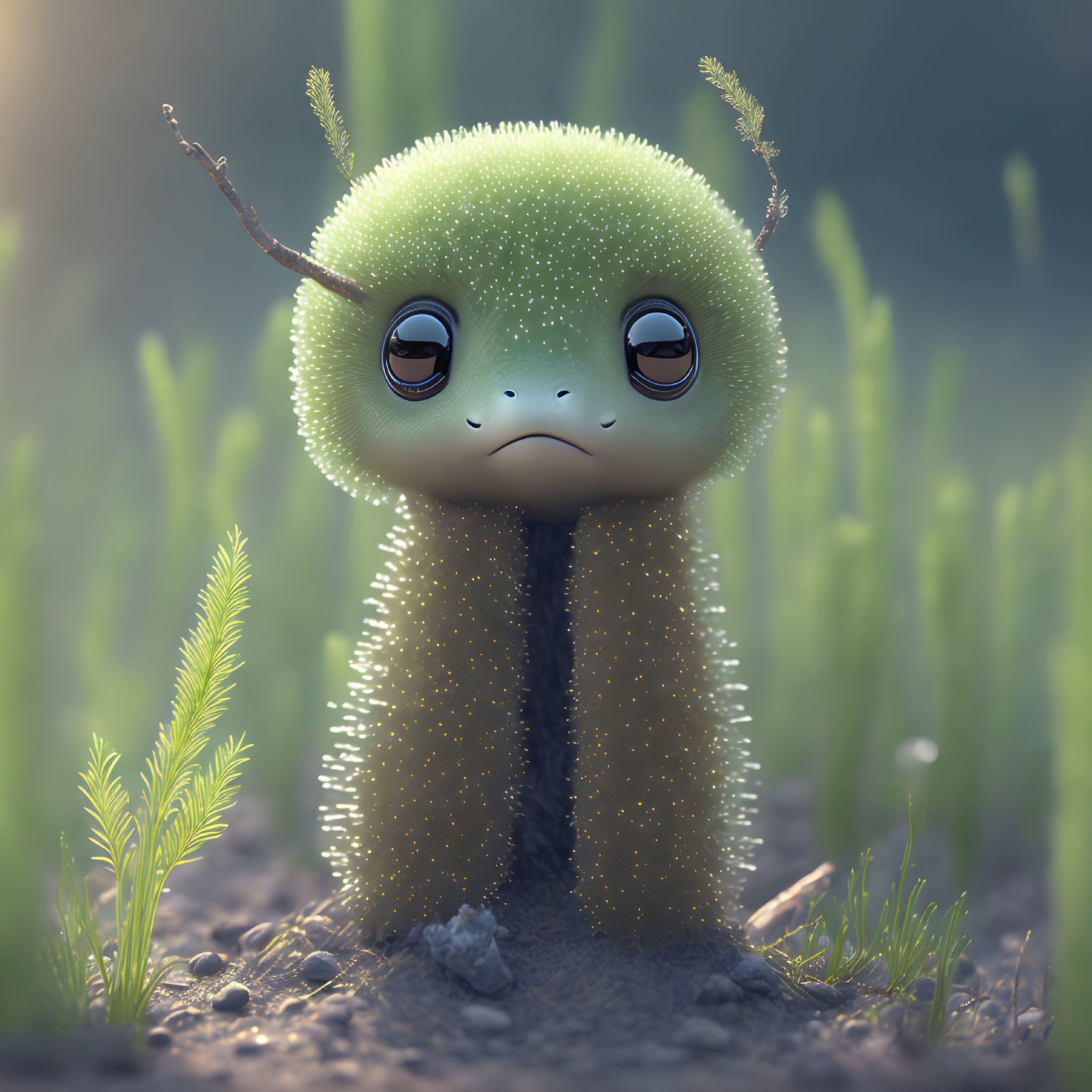 Animated creature with big glossy eyes in lush grass